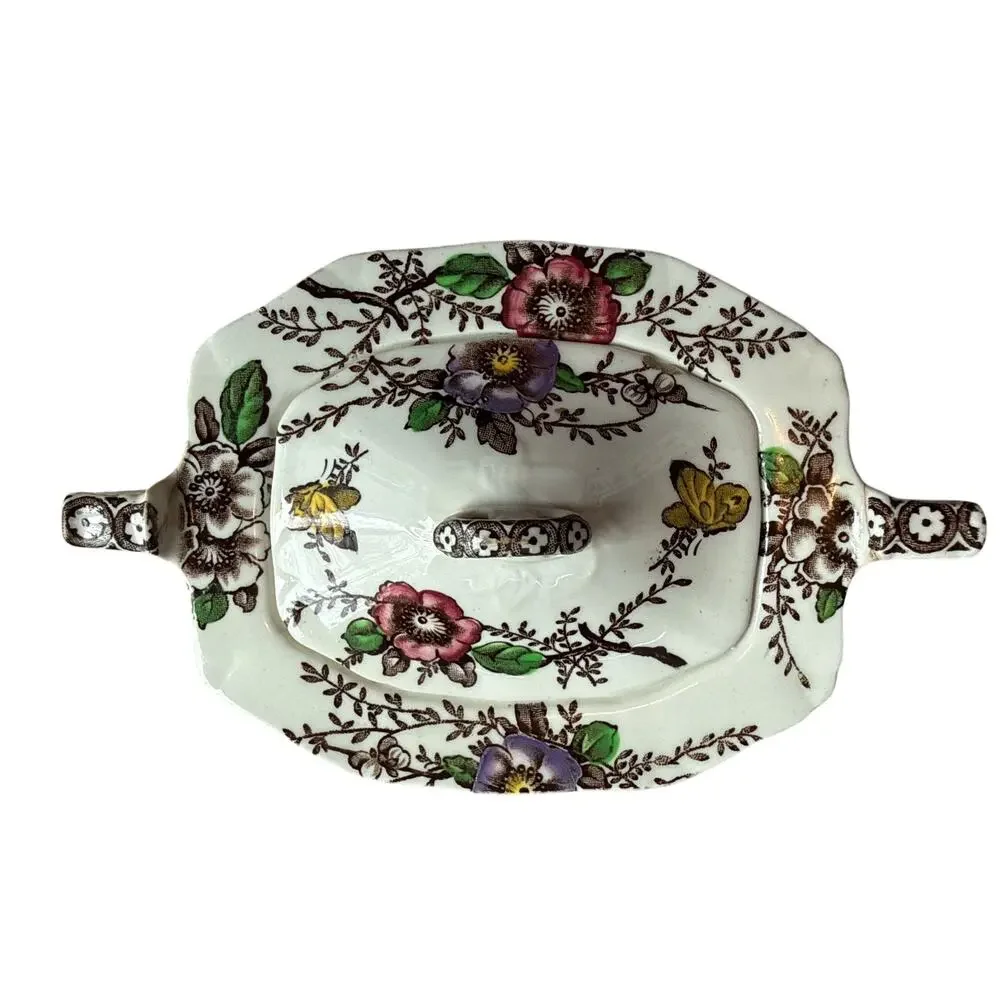 Vintage Alfred Meakin Medway Decor Covered Sugar Bowl England Floral Ironstone